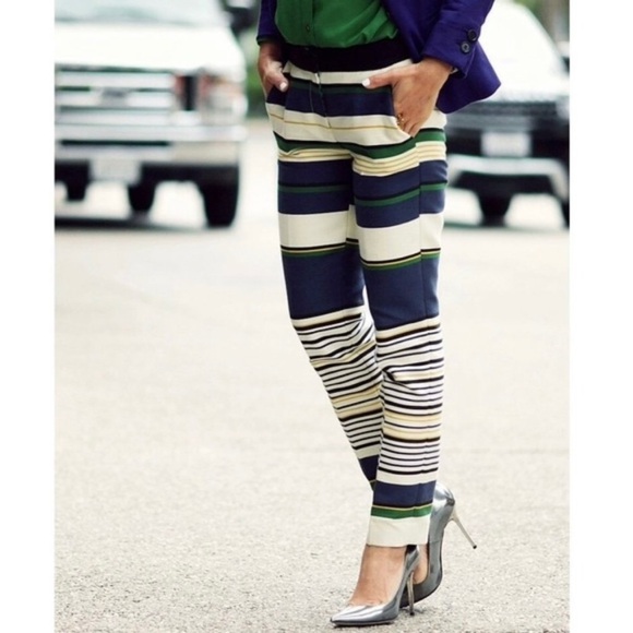 J. Crew skimmer striped ankle pants Ivory Blue Green Yellow Black size 0. - Picture 1 of 9